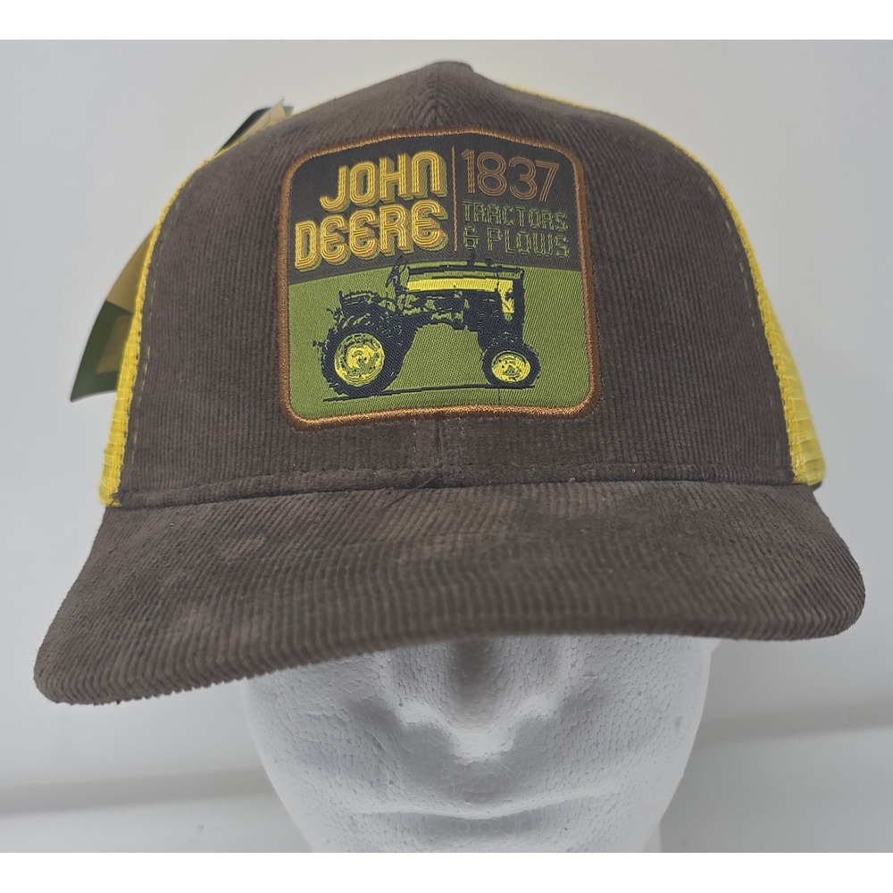 John Deere Trucker Hat Brown Corduroy Yellow Mesh Patch Snapback Cap NWT